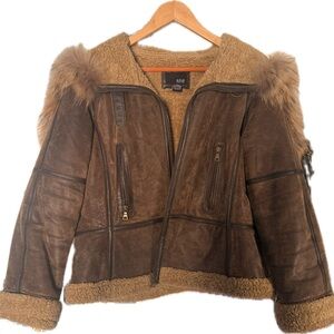 a.n.a Brown Teddy Raccoon fur trimmed Bomber Jacket w/Tan ‘shearling’ Accents